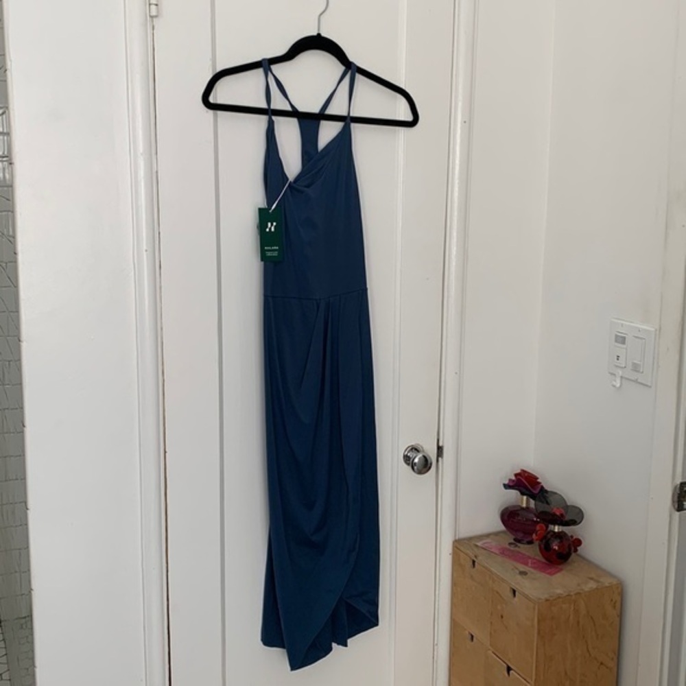 Halara Racerback Split Asymmetric Hem Ruched Casual Midi dress blue XL NWT